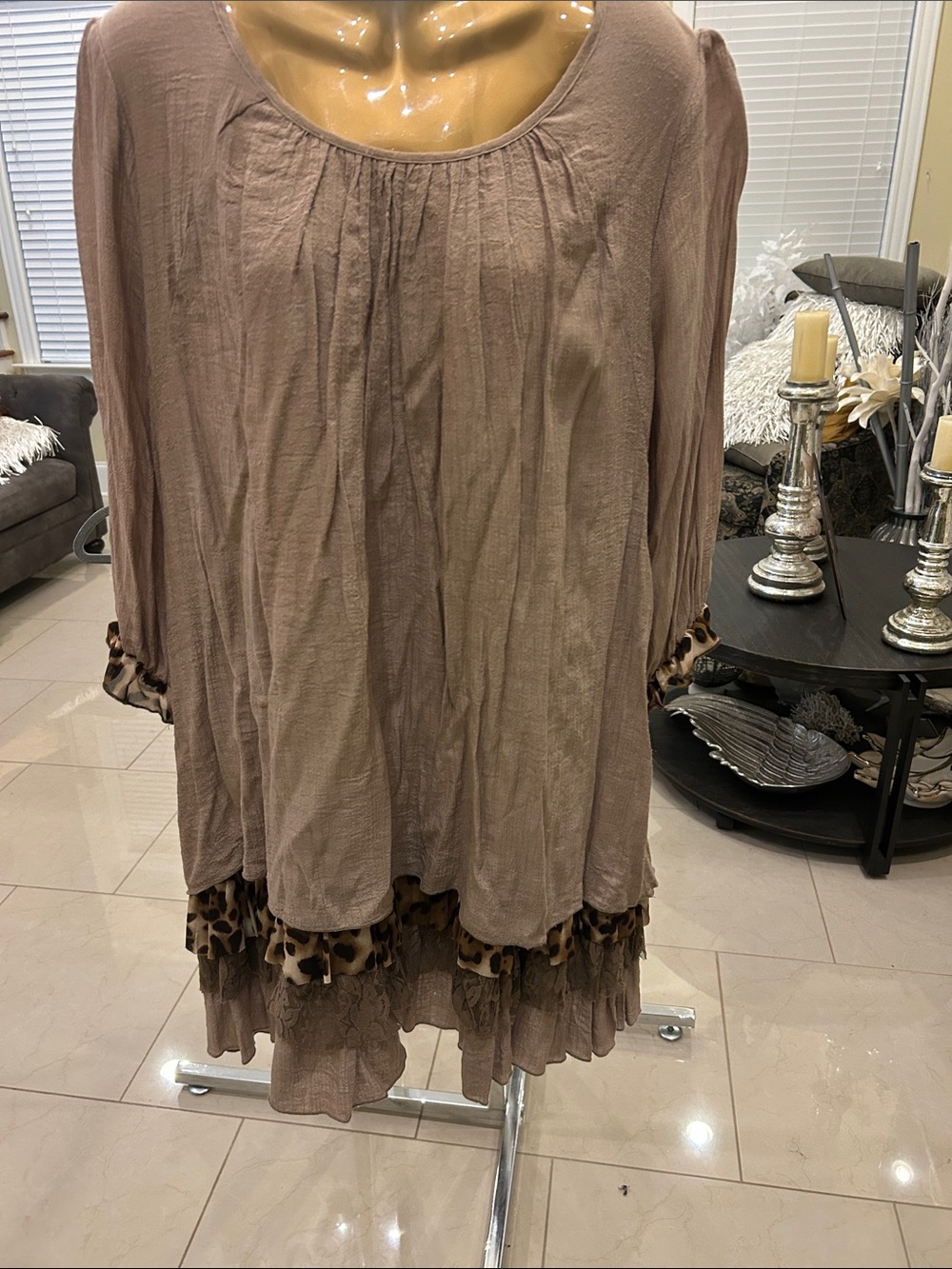 Women's Taupe Layered Ruffle Dress with Leopard Trim